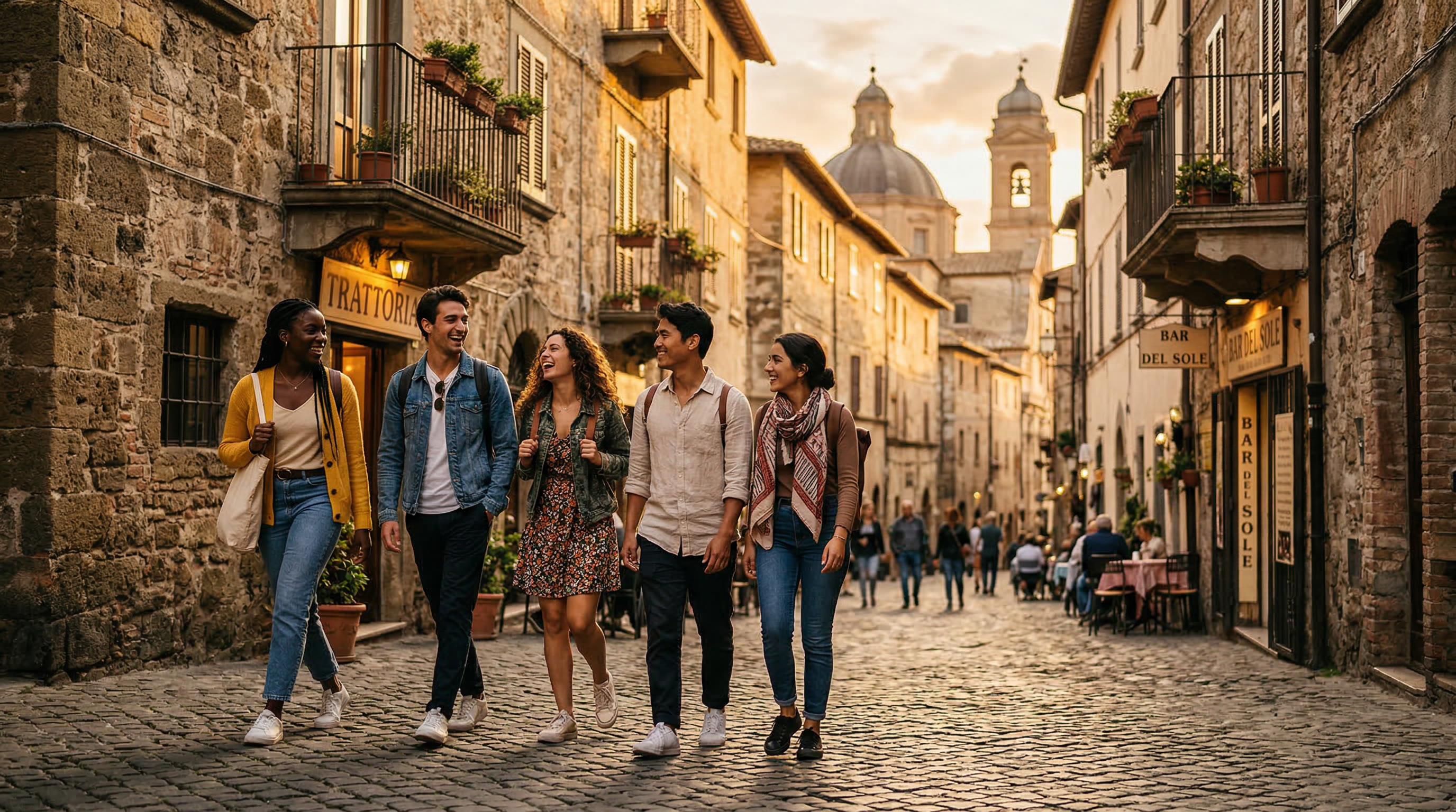 Studierende erkunden eine europäische Altstadt bei Sonnenuntergang